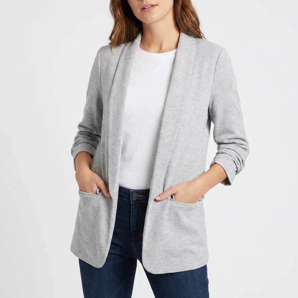 Premise Womens Light Gray Knit Open Front Ruched 3/4 Sleeve Blazer Size M